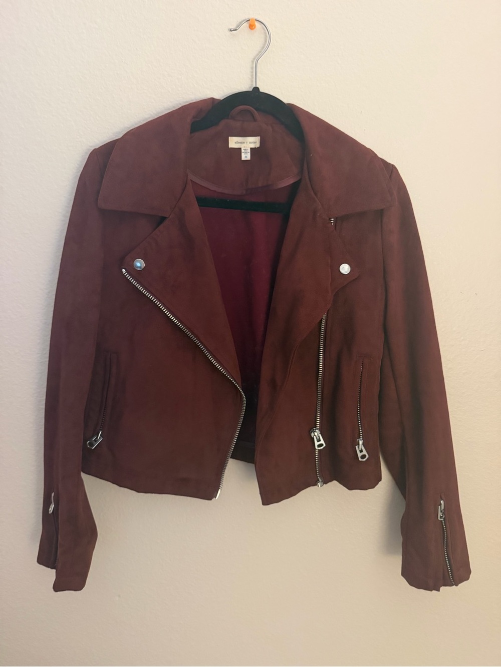 Faux Suede Moto Jacket - burgundy